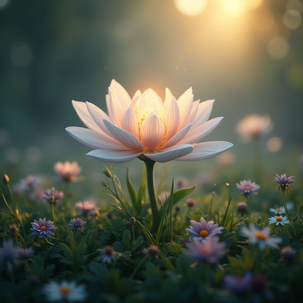 Ethereal Blooming Flower of Life in Vibrant Whimsical Landsc...