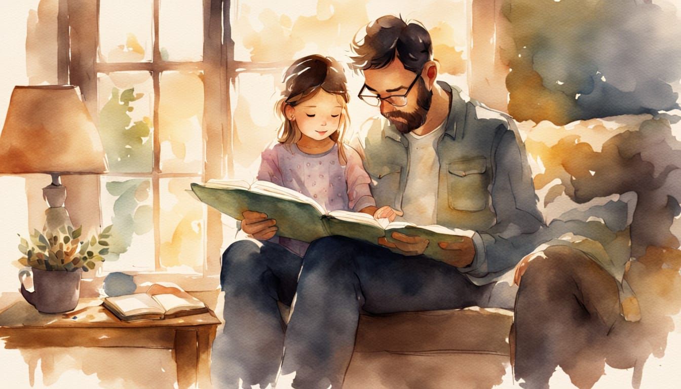 Father Daughter Reading in Watercolour with Golden Light