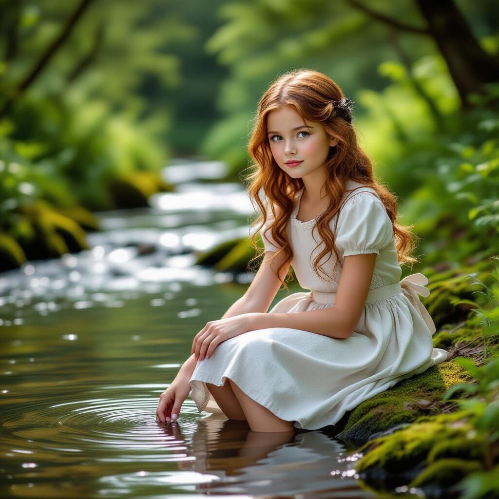 a beautiful young girl seated gracefully on the mossy banks ...