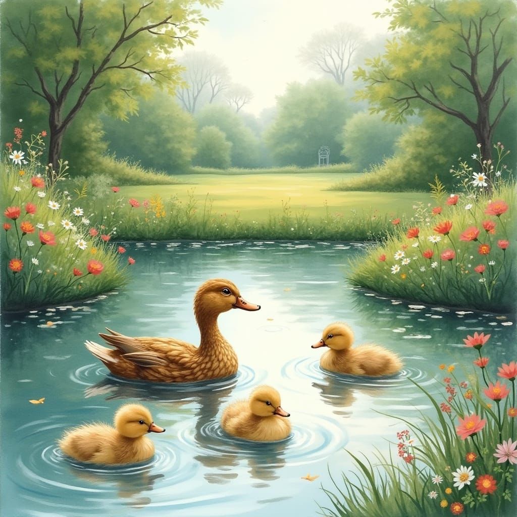 Mother Duck and Ducklings in Pond, Watercolour Illustration