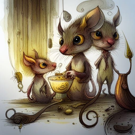 Whimsical Watercolor Mice at a Bustling Market Scene