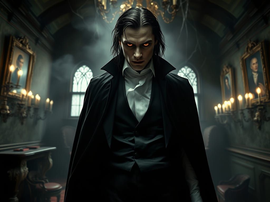Gothic Vampire Amidst Decaying Victorian Mansion