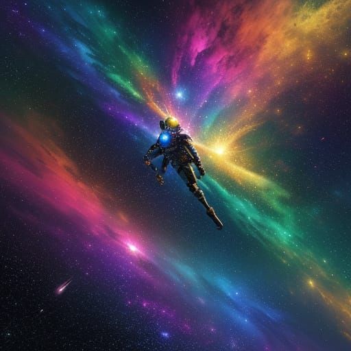 Person Flies Through Space in Vibrant Digital Art