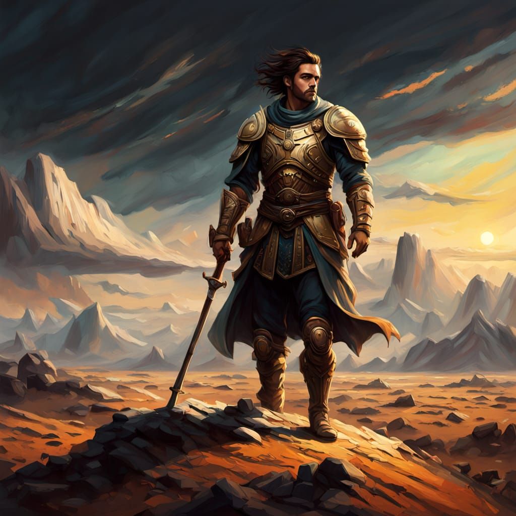 Lone Warrior in Golden Hour Cinematic Oil Painting