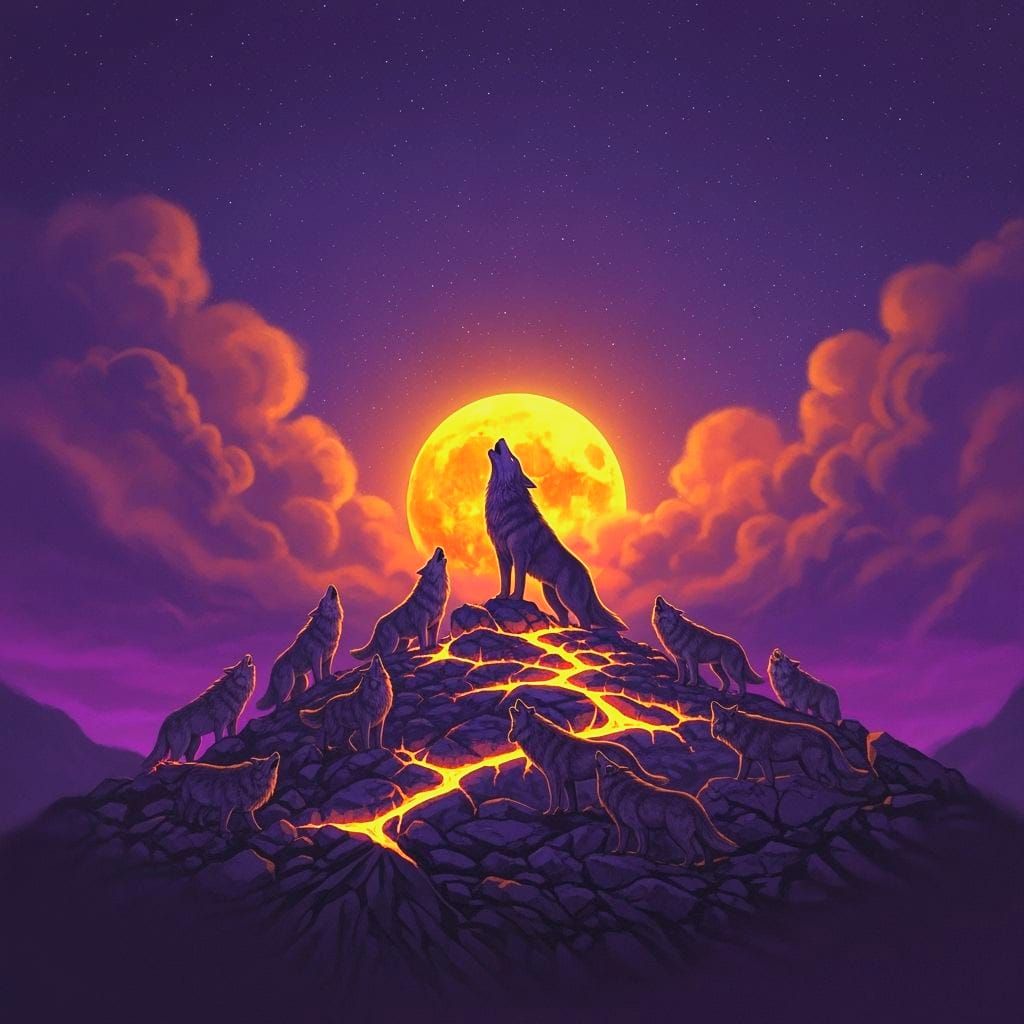 Wolf Pack Howling at Orange Moon Under Starlit Sky