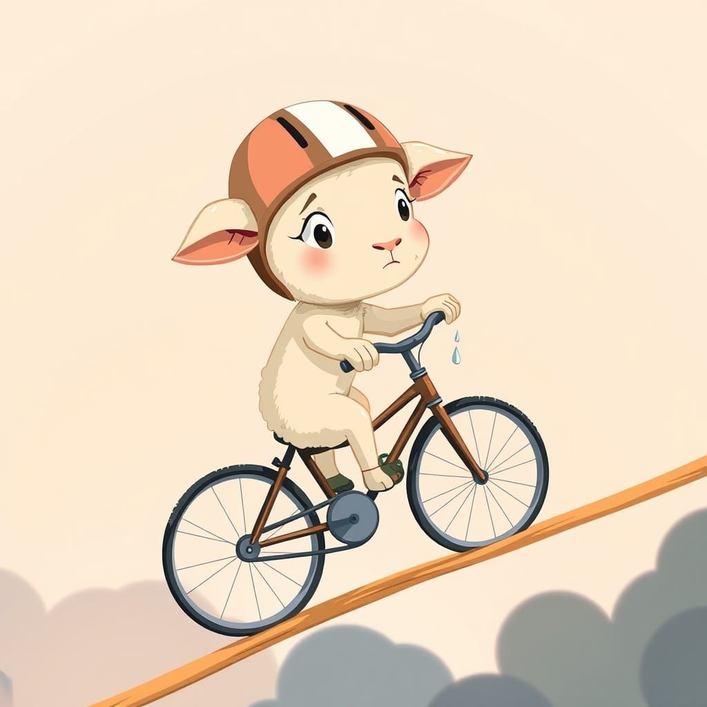 Anxious Lamb Rides Monocycle: Whimsical Cartoon Style