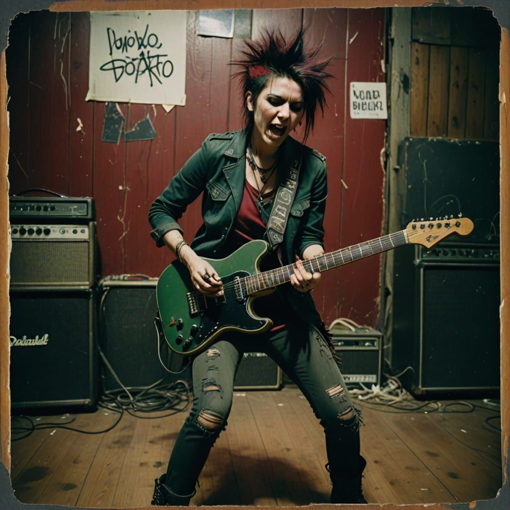 Punk Woman Guitarist in Polaroid Photo