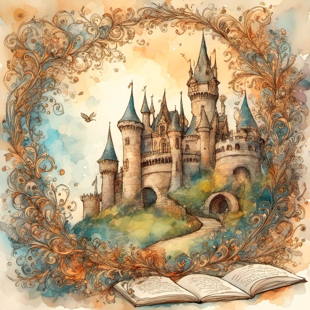 Dreamy Castle Illustration with Whimsical Fairies and Prince...