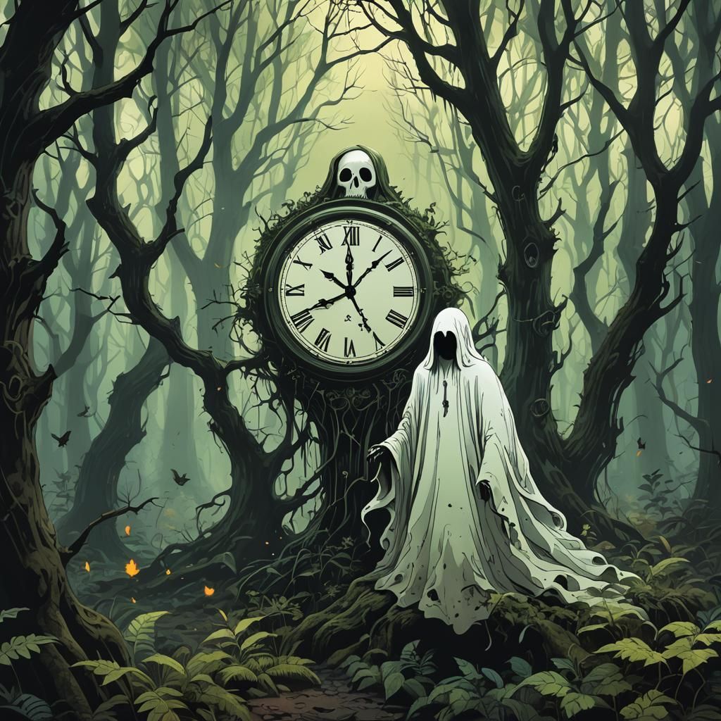 Ethereal Ghost Emerges from Dark Forest in Midnight Hours
