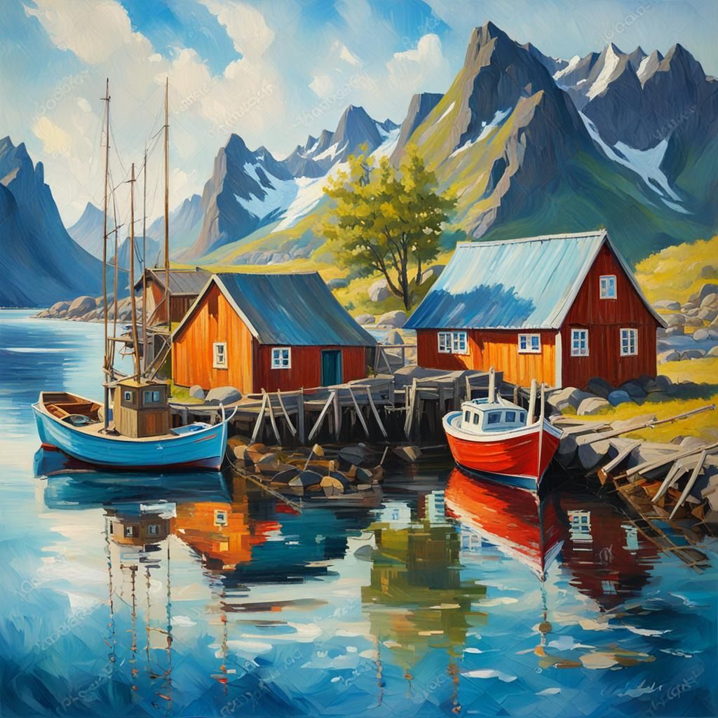 Vibrant Norwegian Harbor Scene in the Style of Franz Marc