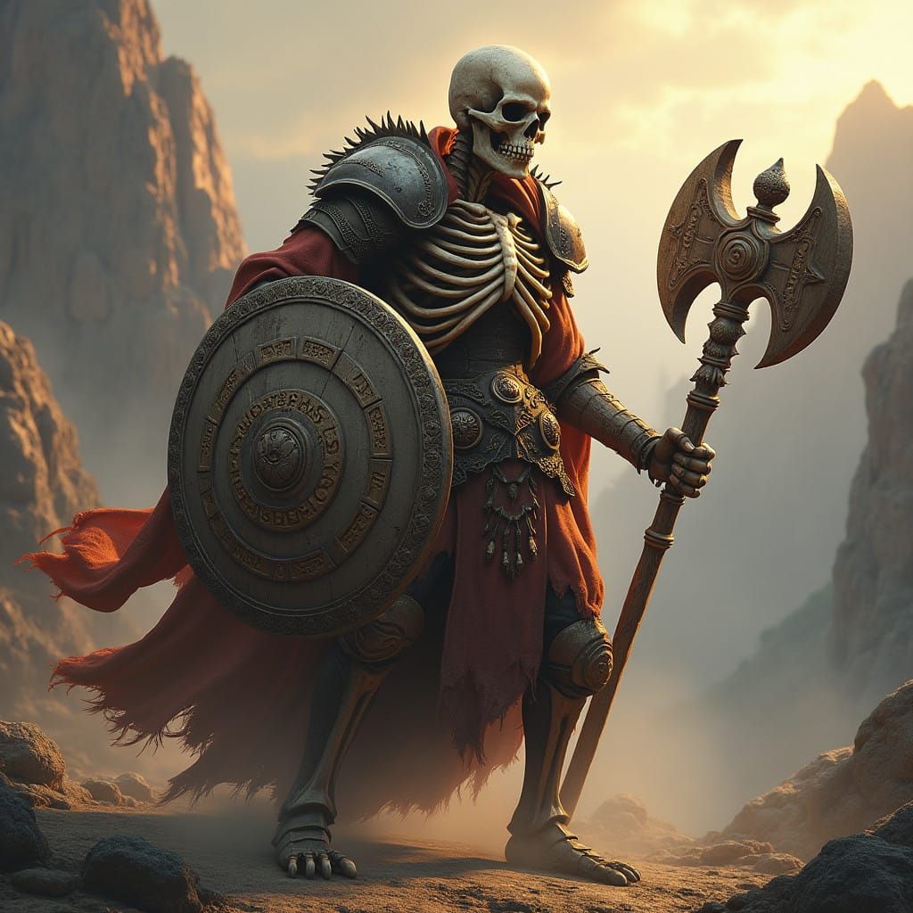 Hyper Realistic Undead Warrior Skeleton in Epic Dark Fantasy...