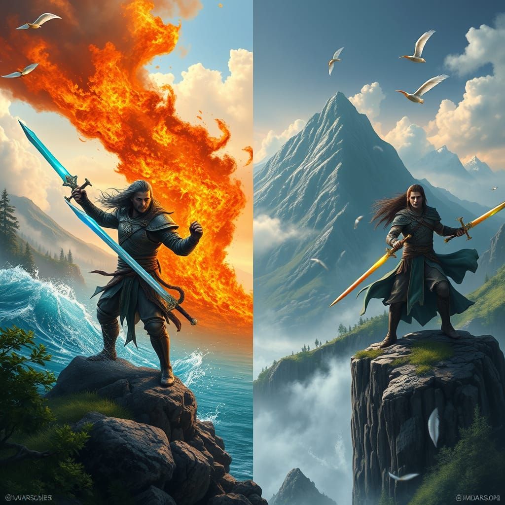 Four Elemental Warriors Stand Heroically in a Fantastical La...