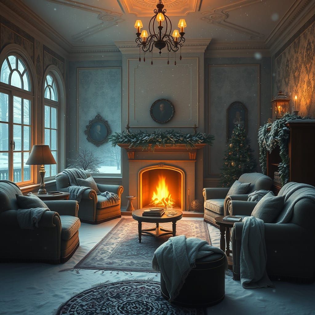 A cozy, wintery room with a softly glowing fireplace, snow gently falling outside. The air is thick with a lilac mist, e...
