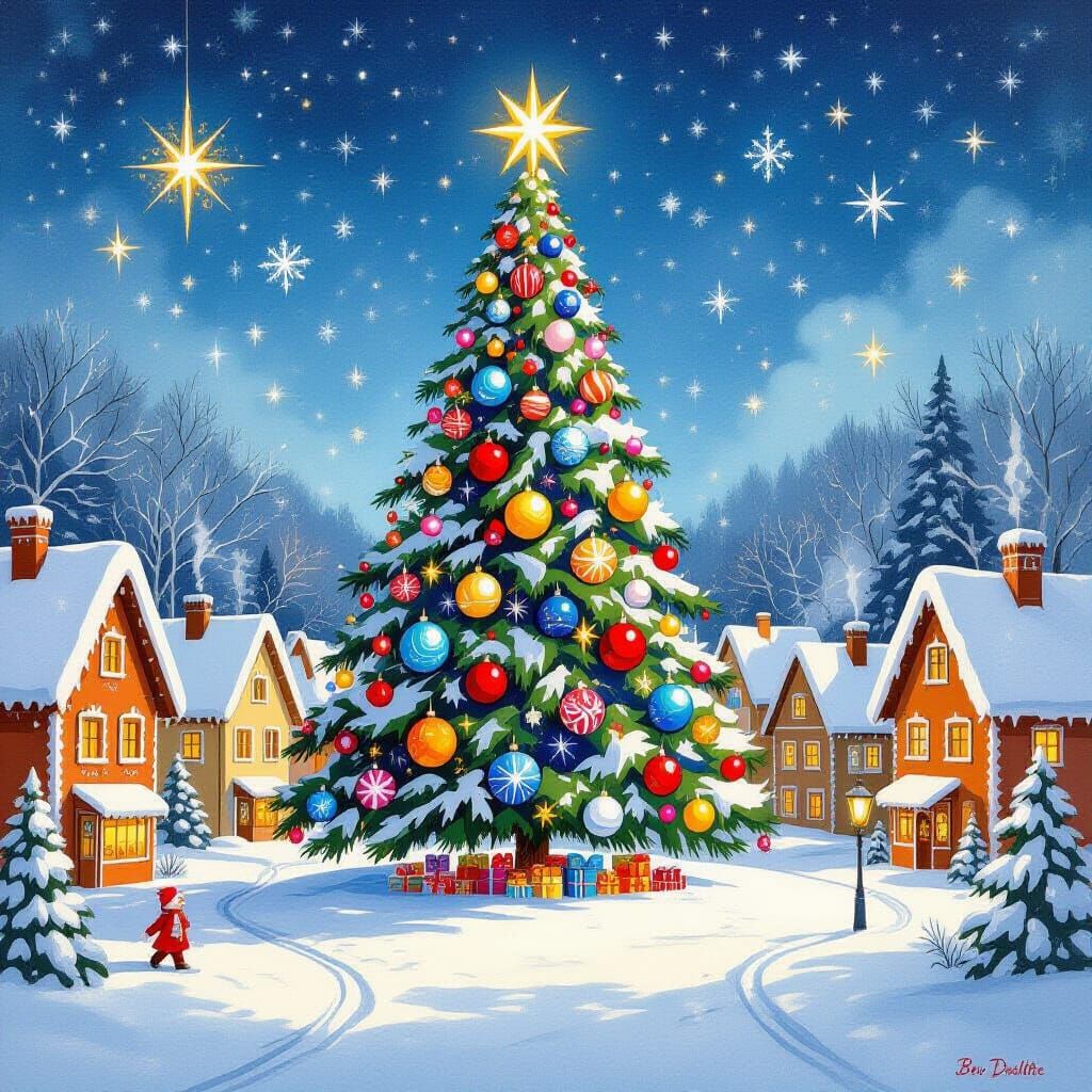 Giant Christmas Tree in Snowy Village Square