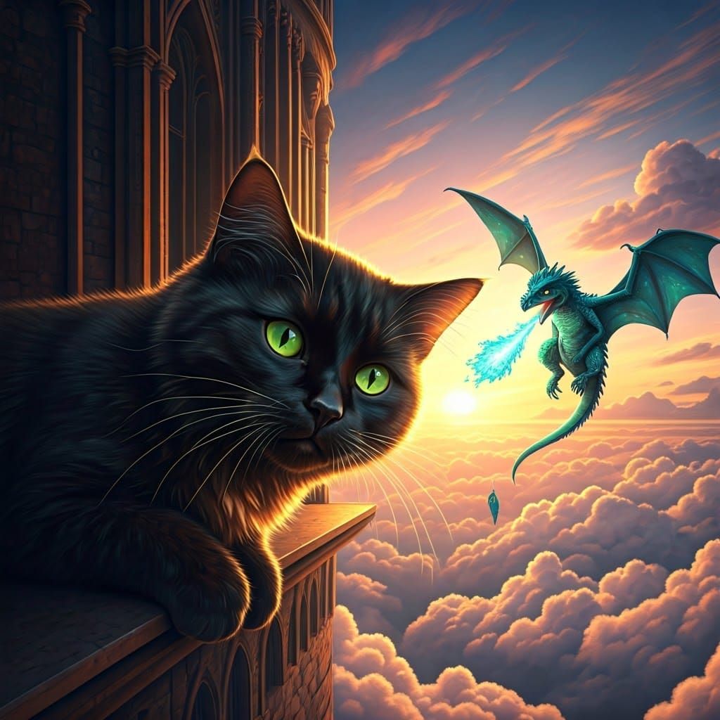 Whimsical Black Cat Amidst Magical Sunset Castle