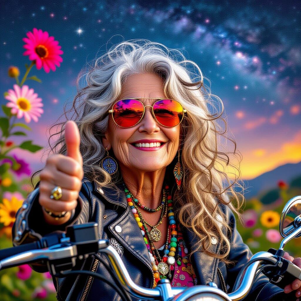 Adorable Punk-Hippie Biker Woman with Flowers and Stars