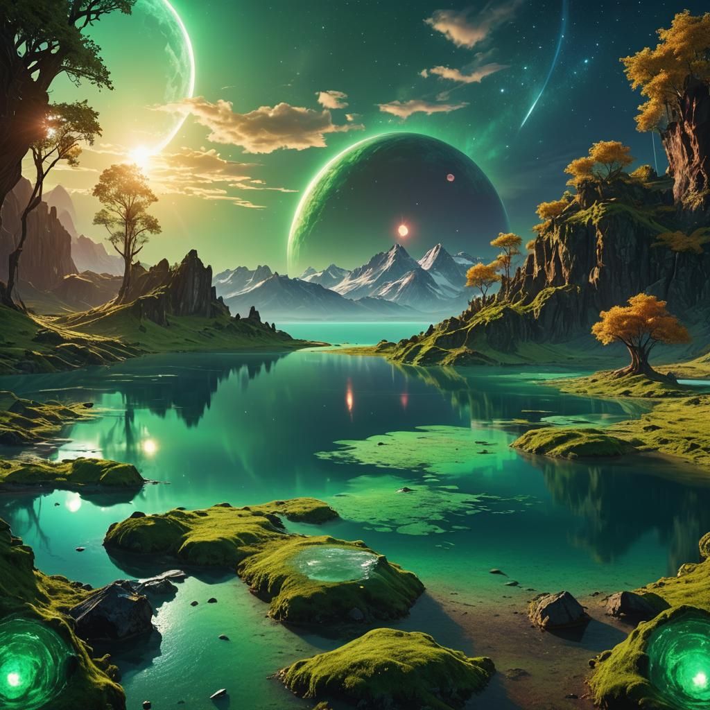 Stunning Emerald Landscape Planet with Three Suns