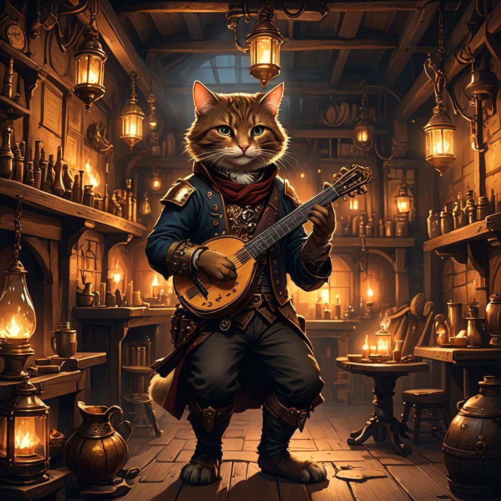 Feline Bard in Warm Steampunk Tavern