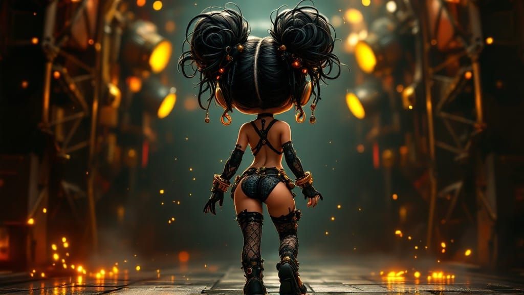 Steampunk ink outline. Full-body portrait from behind. A ste...