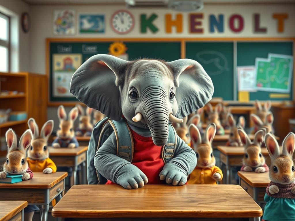 Realistic Baby Elephant Surrounded by Bunny Rabbits in Eleme...