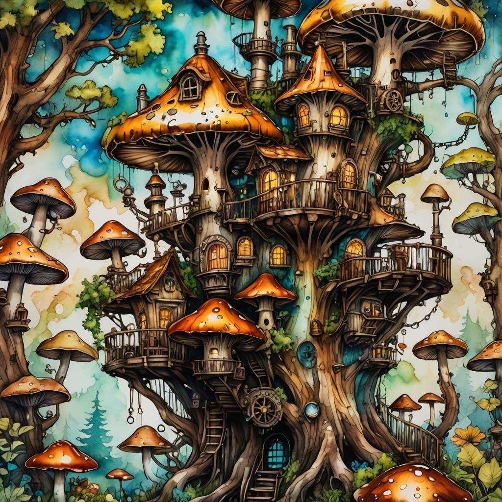 Mysterious Steampunk Treehouse Among the Mushroom Forest
