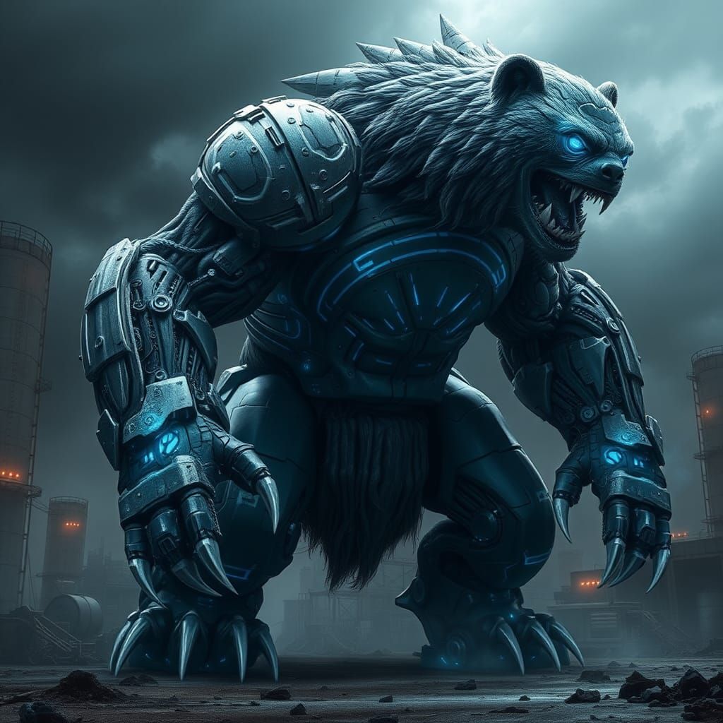 Cybernetic Werebear in Gritty Biomechanical Landscape