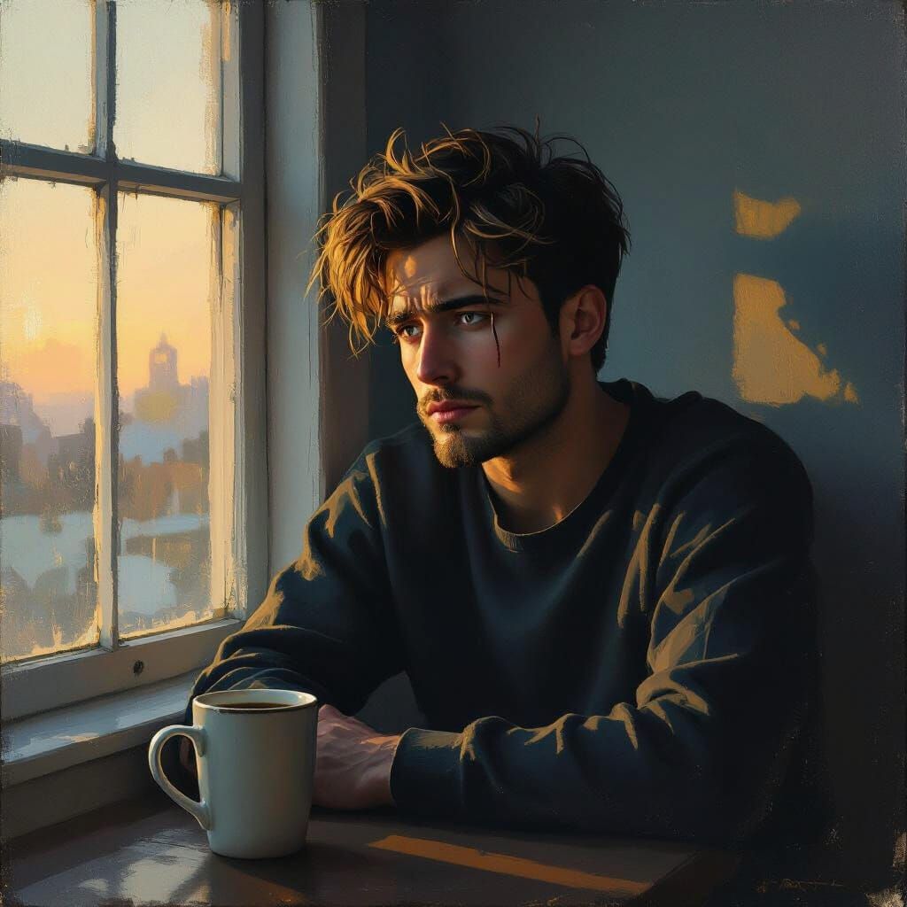 Man by Window at Dawn: Oil Painting of Quiet Strength