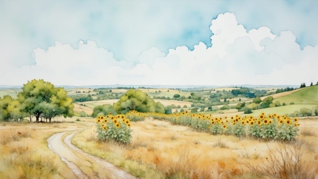 Surreal Sunflower Fields in a Watercolor Landscape