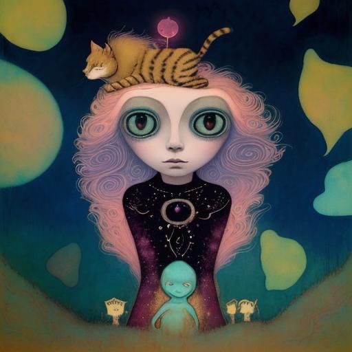 Dreamlike Woman-Cat in Whimsical Art Brut Style