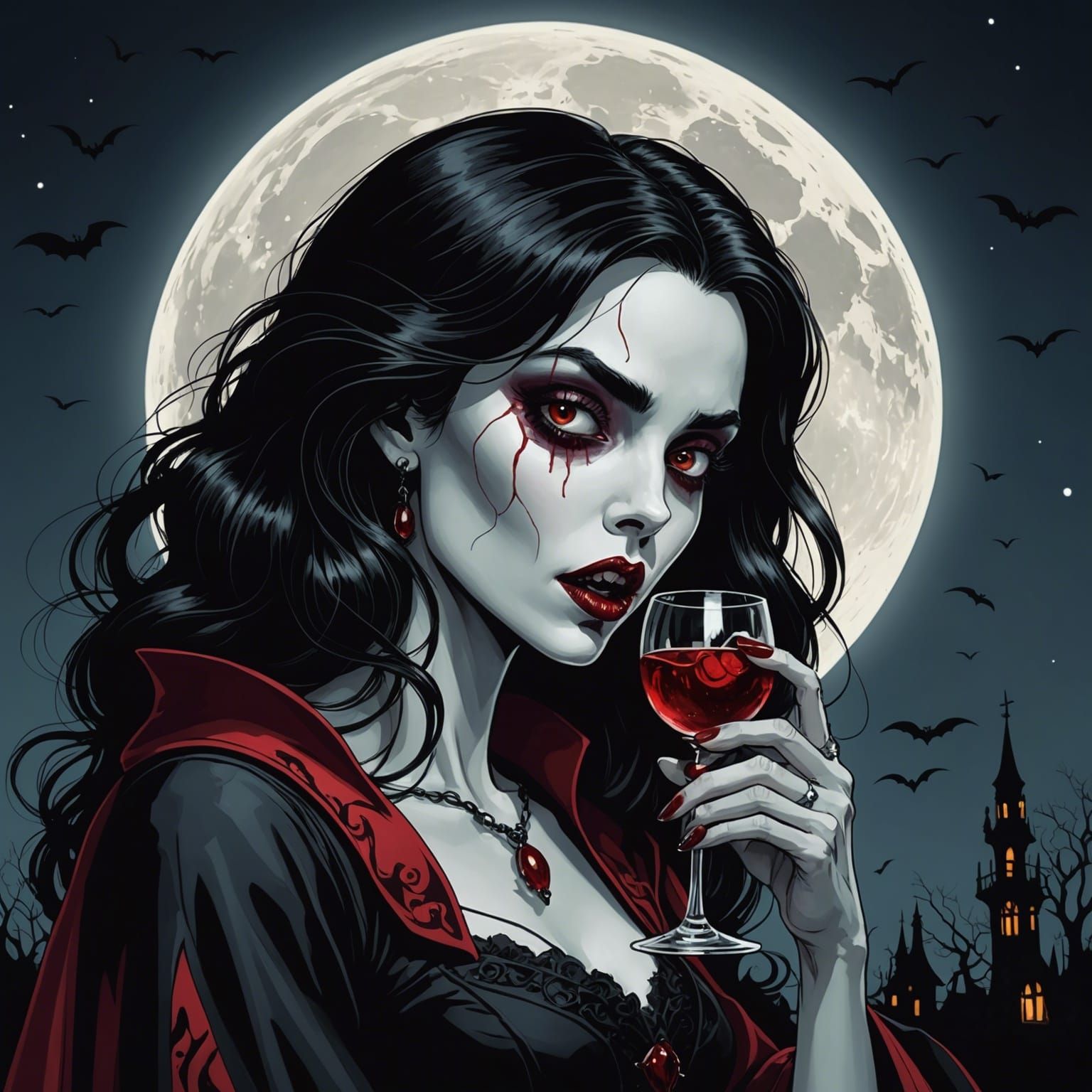Vampire Licks Bloody Goblet Under Full Moon