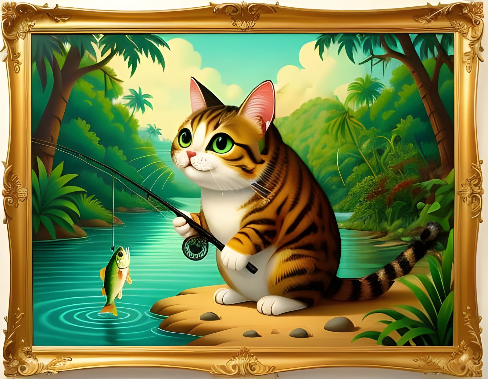 Funny Cat Fisherman in Lush Jungle River Caricature