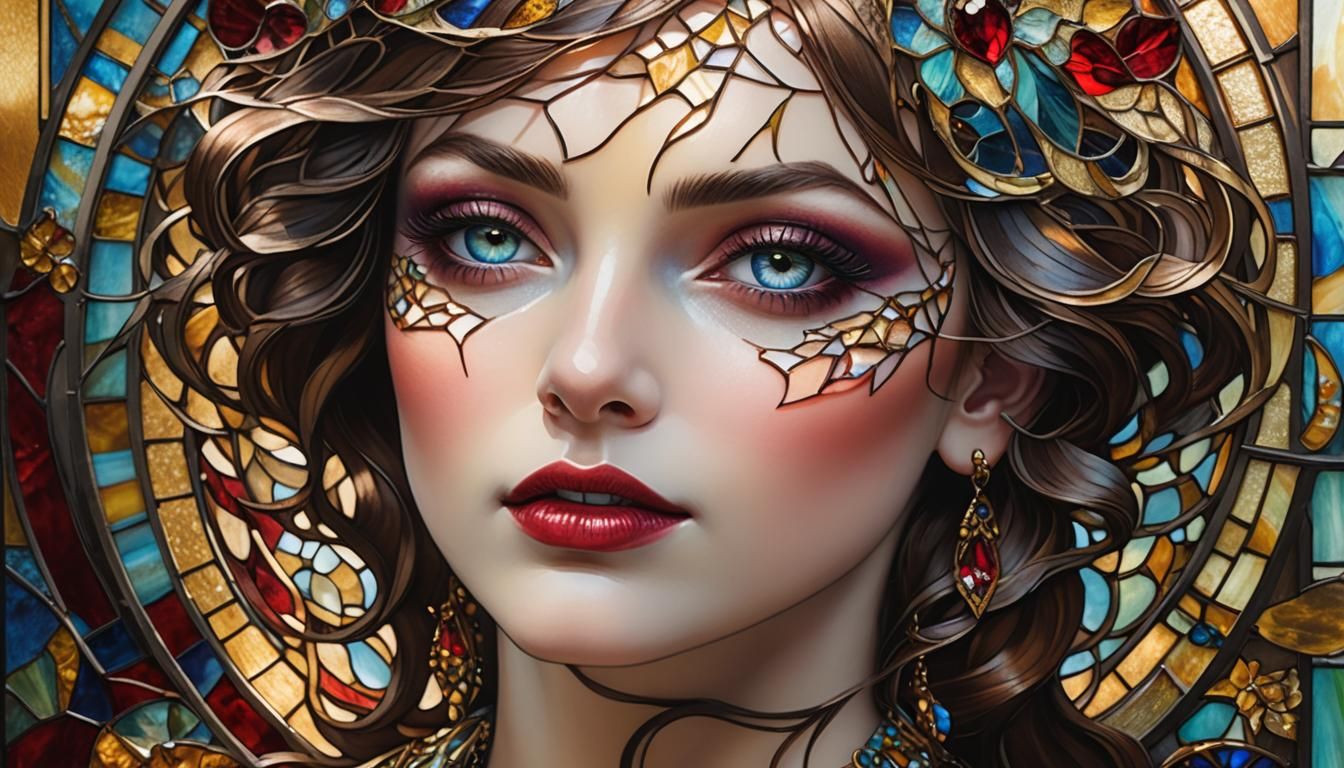 Surreal Louis Comfort Tiffany-Inspired Portrait with Iridesc...