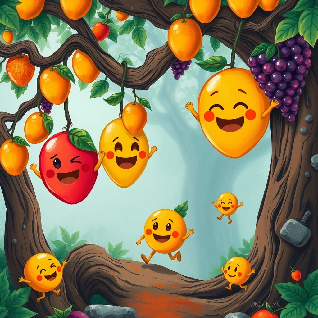 Vibrant Emojis Walk on Trees in Whimsical Forest