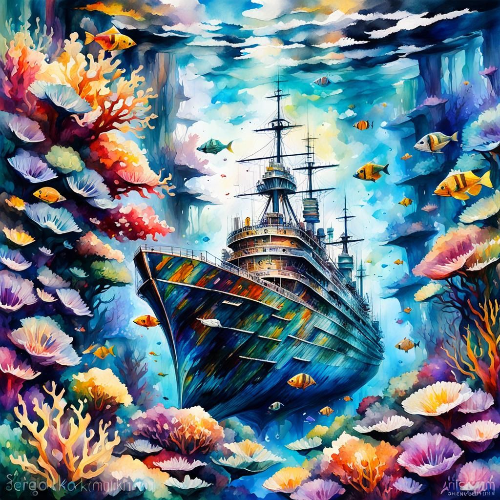 Surreal Underwater Scene with Sunken Frigate