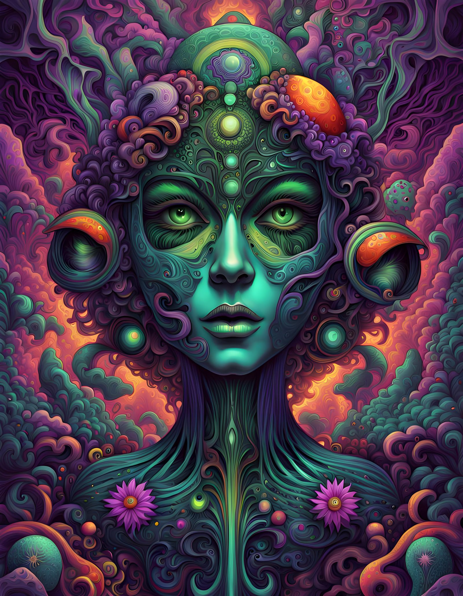 Geometric Psychedelic Nightmare with Faces and Eyes