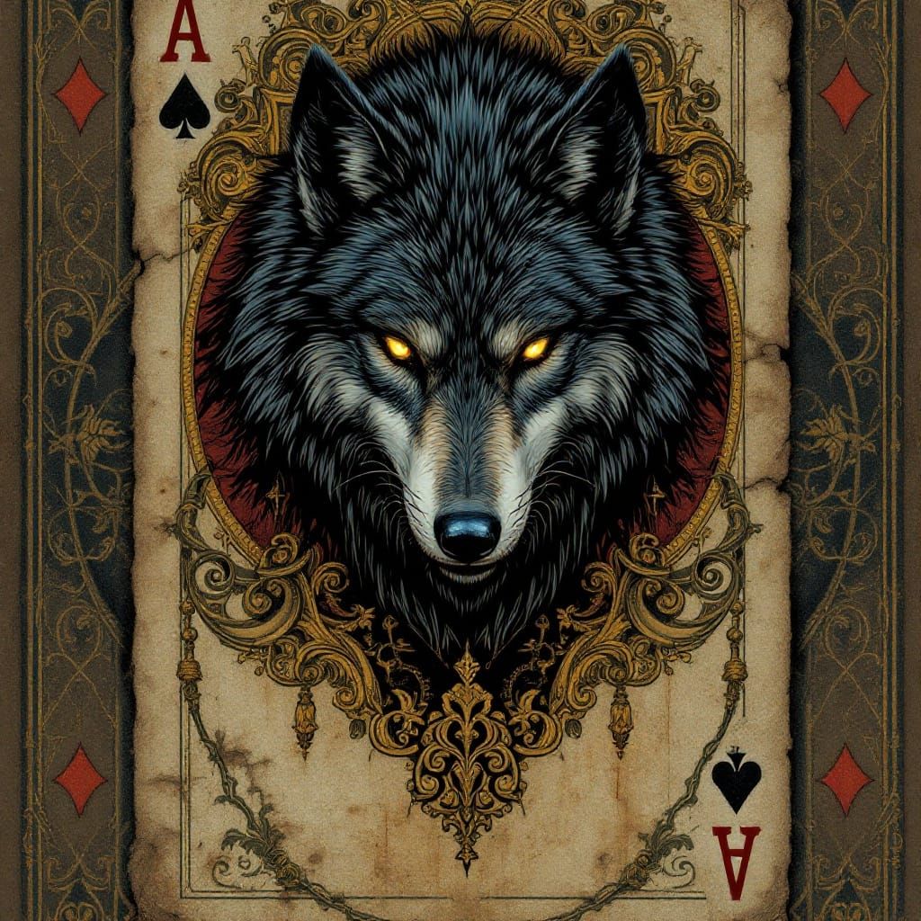 Regal Wolf Emerges from Antique Playing Card
