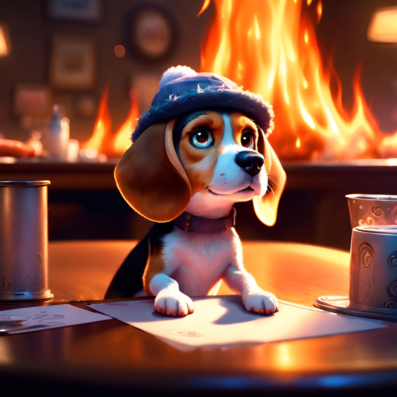 Surreal Cartoon Beagle Seeks Refuge from Inferno in Intricat...