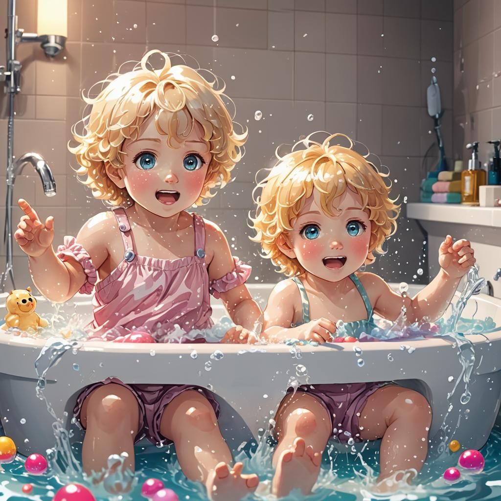 Vibrant Anime Toddlers Play in a Tub of Sparkling Water