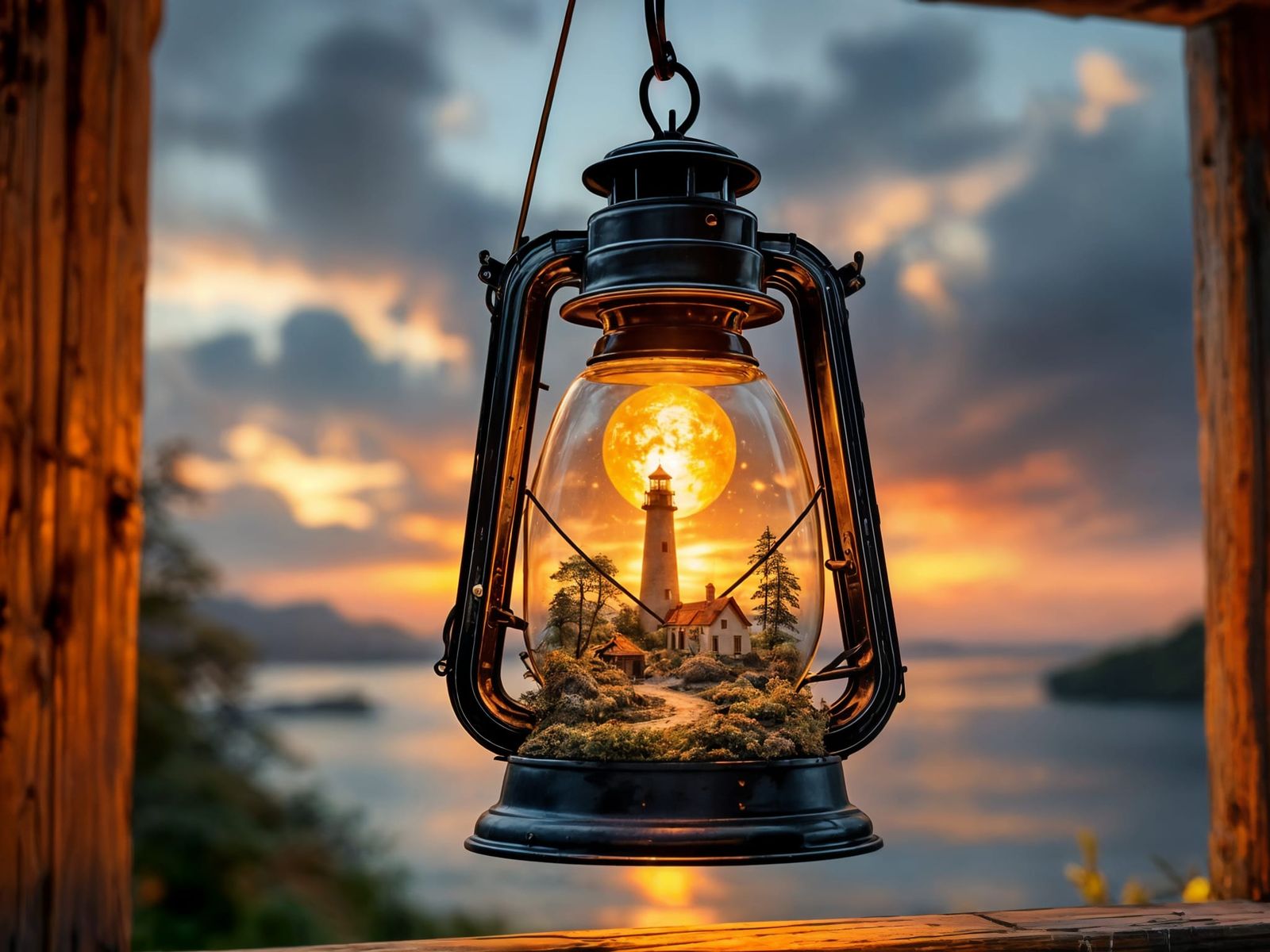 Whimsical Lighthouse in Lantern, Magical Seaside Scene