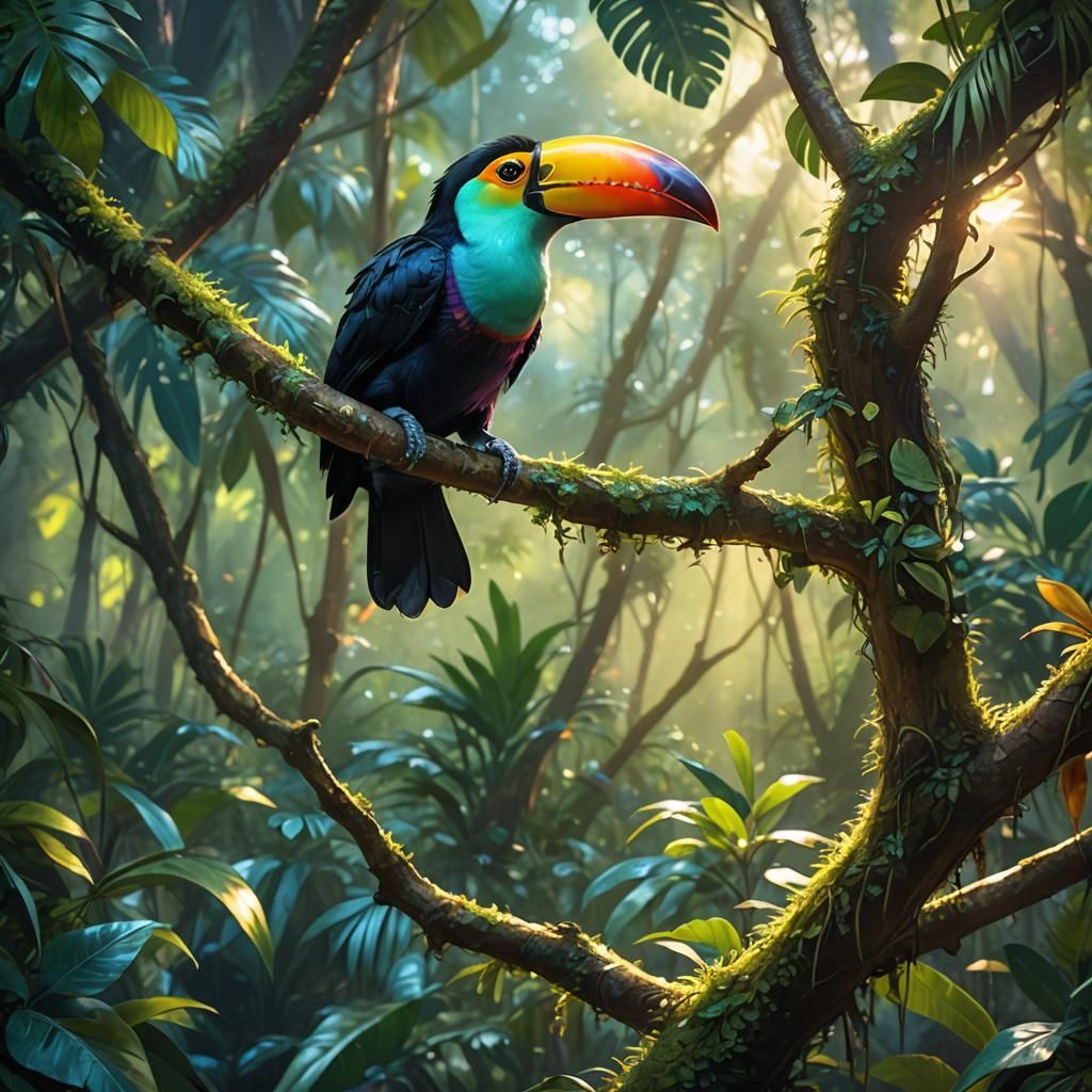 Vibrant Fantasy Toucan Amidst Tropical Jungle