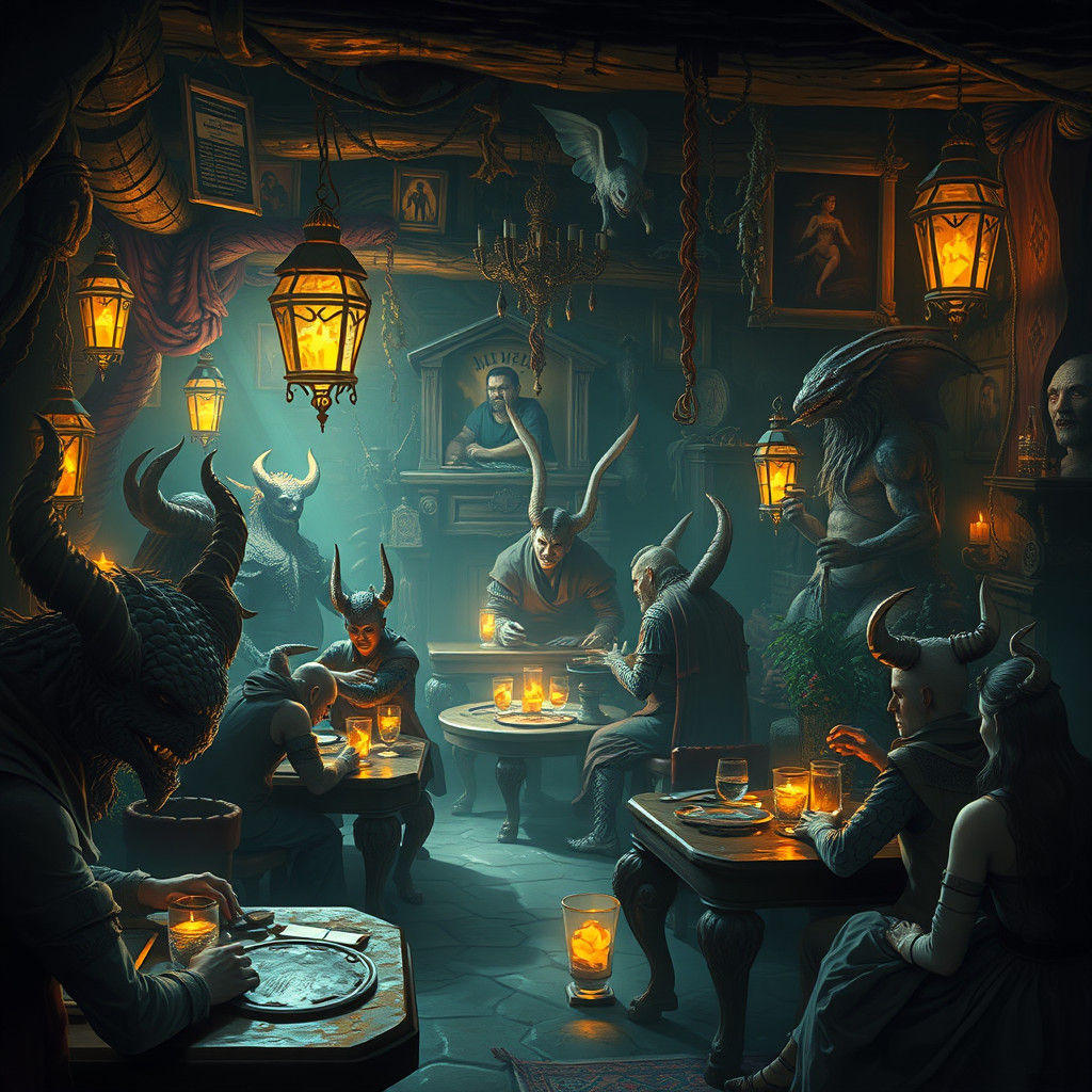 Mystical Tavern with Fantastical Patrons in Concept Art Styl...