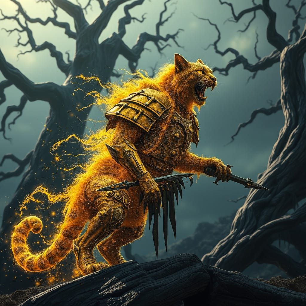 Dark Fantasy Feline Warrior Disintegrates into Yellow Energy