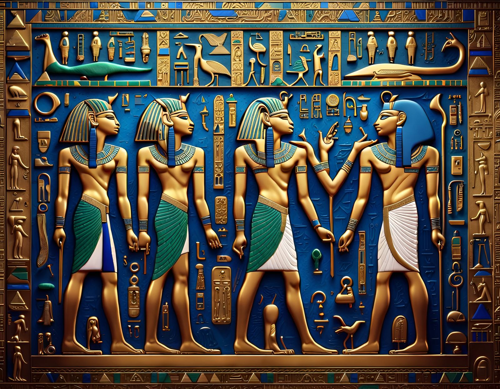 Epic Egyptian Hieroglyphs in Golden Relief