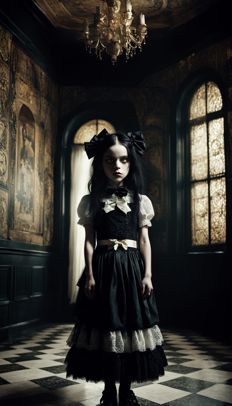 Gothic Girl in Tiled Room: A Surreal Portrait