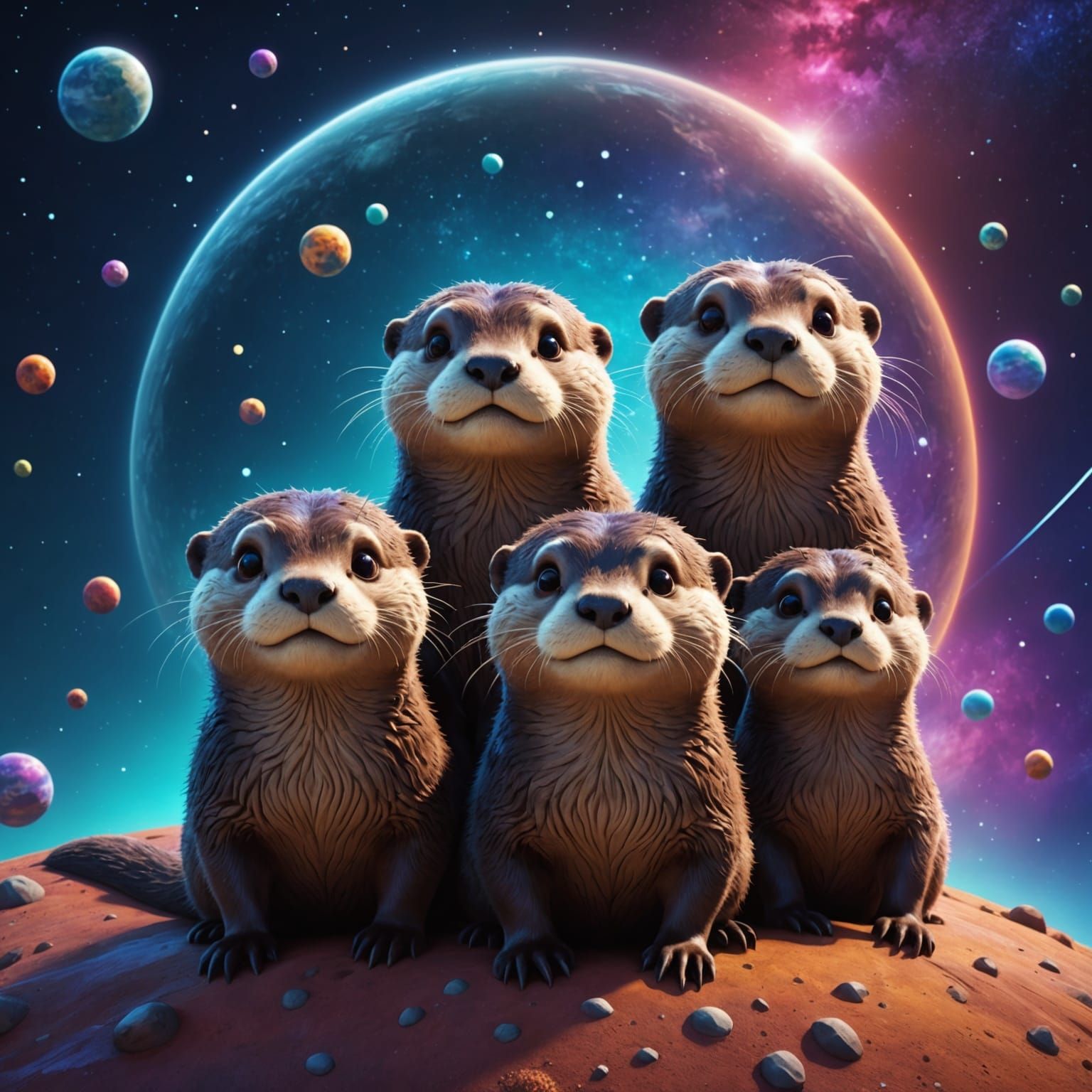Surreal Otters Explore Celestial Realm in 3D Digital Art