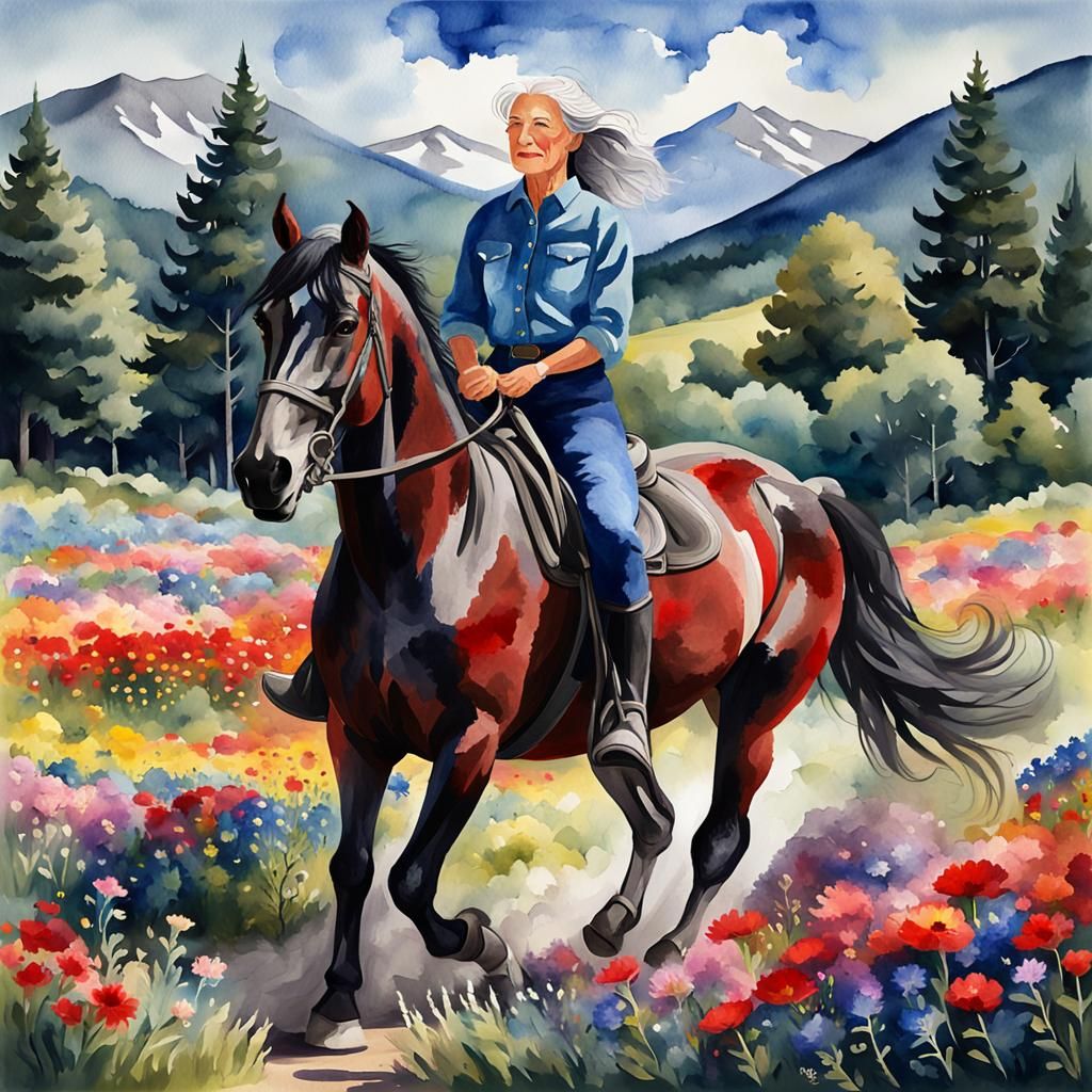 mature woman riding her beloved horse