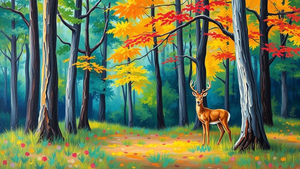 Vibrant Neo-Impressionist Woods Scene with a Deer