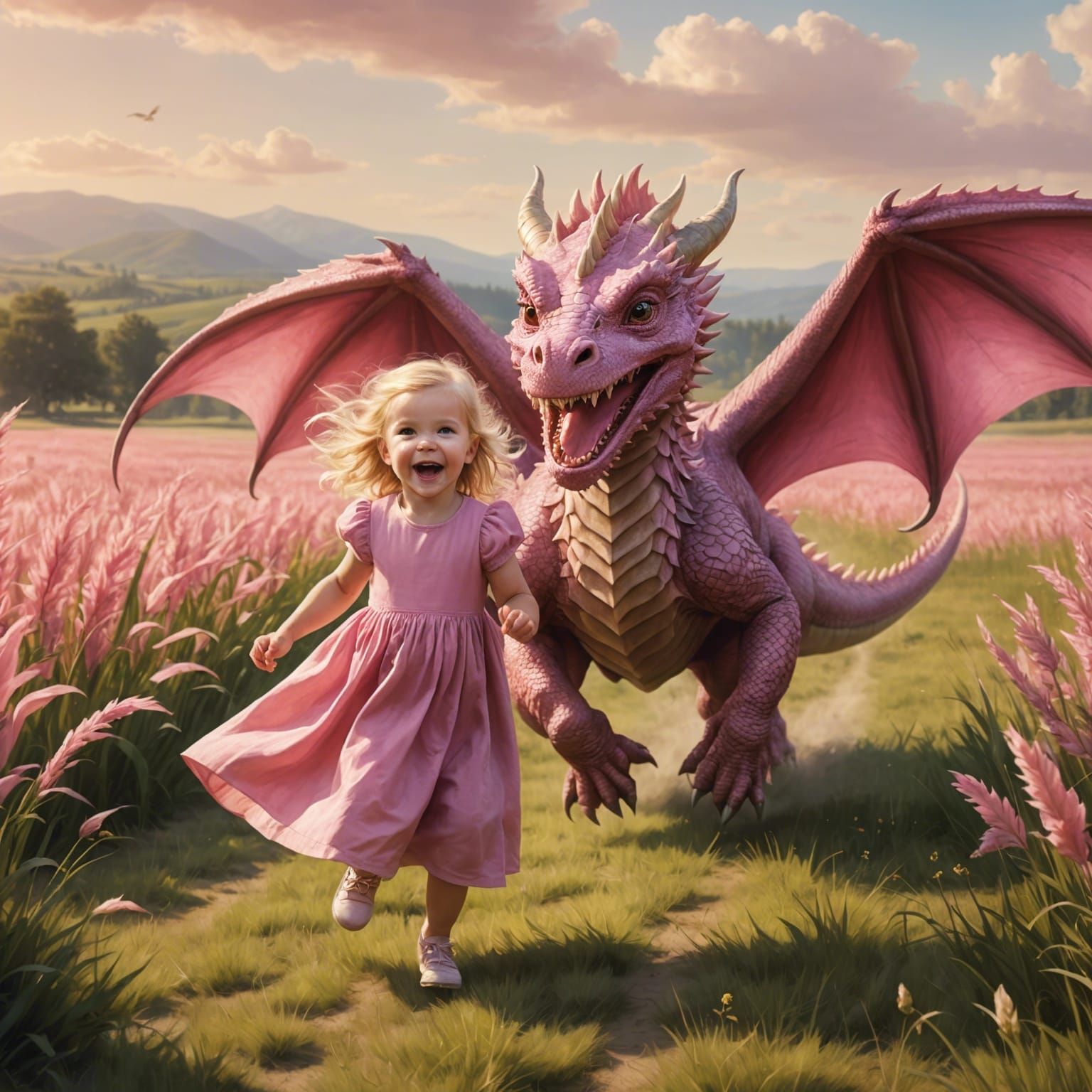 Whimsical Girl and Baby Dragon in an Ominous Landscape