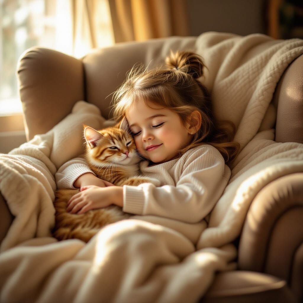 Adorable Girl and Cat Sleeping in Morning Light