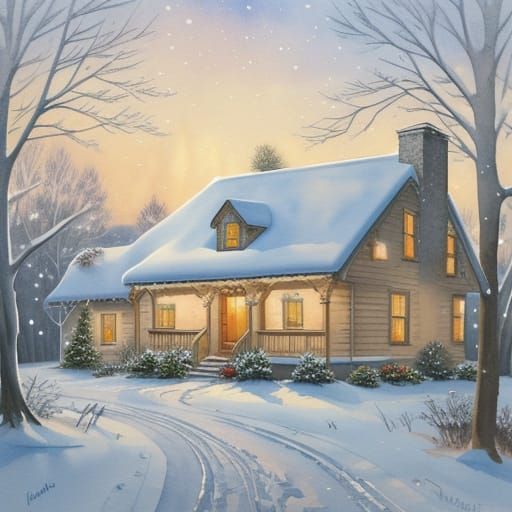 Vintage Holiday Card: Snowy Cottages in Golden Hour
